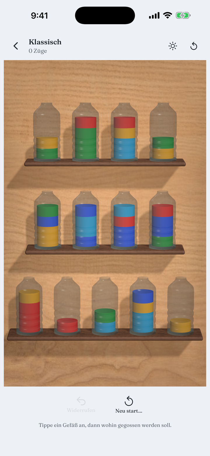 A board of glass vessels filled with layered colour